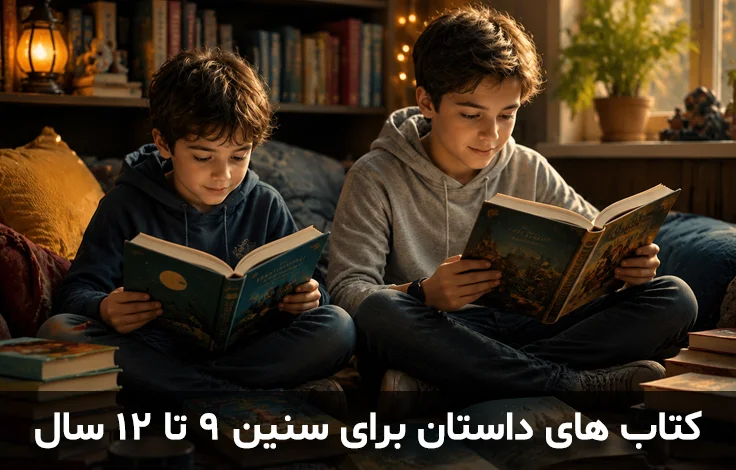کودک ۹ تا ۱۲ ساله در حال خواندن کتاب داستان در فضای آرام و خلاقانه